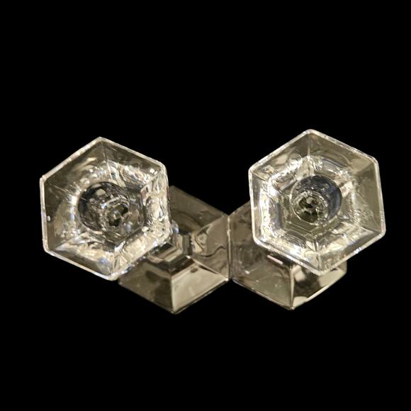Clear Pressed Glass Hex Base Taper Candle Holders Pair 7.5" - Picture 2 of 4
